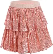 [FEESHOW] Girls Sequin Mini Skirt Sparkling Party Skirt A-line Pleated Skirt Elastic Waistband Gathered Skirt Princess Skirt for Dance Party