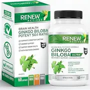 RENEW ACTIVES High-Potency Ginkgo Biloba 120MG & Red Panax Ginseng 800MG per 2 Capsules – Supports Cognitive Function, Memory & Focus – Energy & Stress Adaptogen – Made in Canada – 60 Capsules