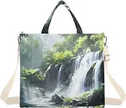 [XYMZR] Landscape Waterfall Green Corduroy Tote Bag for Women Large Shoulder Bag with Pockets for Beach Work Travel Shopping S