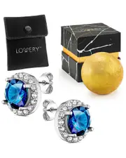 Lovery Sterling Silver Sapphire Stud Earring Set with Pouch, Bath Bomb & Gift Box
