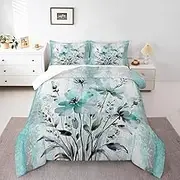 Erosebridal Watercolor Flowers Queen Bedding Sets for Adult Women,Soft Abstract Oil Painting Comforter Set Rustic Farmhouse Room Decor,Ombre Turquoise Blue Grey White Duvet Insert with Spring Blossom
