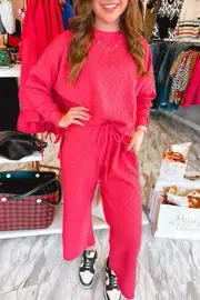 Women's Strawberry Pink Checkered Textured Split Pullover Long Top and Pants Set
