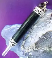 LARGE BLACK TOURMALINE DOWSING PENDULUM WAND With CRYSTAL POINT, CRYSTAL WAND