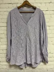 Nine West Jeans XXL Light Purple Long Roll Tab Sleeve Lace Front V-Neck Top New