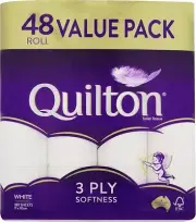 Quilton 3 Ply Toilet Tissue (180 Sheets per Roll, 11X10Cm), Pack of 48 Rolls (No