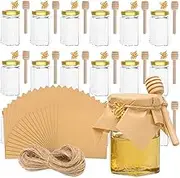 Rormket 4oz 12 Pack Hexagon Mini Glass Canning Jars Gold Lid Wood Honey Dipper Sticks, Bee Pendants Charms Honeybee, Square kraft paper，Jute Tag String, Baby Shower, Wedding Favors (golden)
