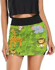 [RPLIFE] Cartoon Animals Jungle Green Mini Athletic Skirt, Womens Activewear Shorts, Lightweight Running Short