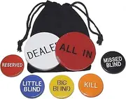 Texas Hold'em Poker 7pc Button Set (Dealer, All in, Small Blind, Big Blind, Missed Blind, Reserved, Kill) with Black Velvet Pouch