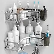 Corner Shower Caddy, 2 Pack Adhesive Shower Corner Organizer Shelves, No Drilling Stainless Steel Shower Storage Rack with Hooks&Toothpaste Holder for Bathroom, Dorm and Kitchen
