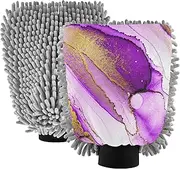 Abstract Purple Gold Marble Wash Mitt for Car Washing Microfiber Chenille Absorbent Car Washing Kit Mitts Cleaning Scratch Free Soft, Large x 2 Pack