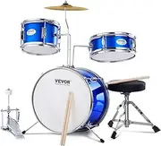 VEVOR Kids Drum Set, 3-Piece, 355.6 mm Beginner Drum Set with Adjustable Throne Cymbal Pedal Two Pairs of Drumsticks, Tom Drum Snare Drum Bass Drum, Starter Drum Kit for Child Kids, Blue
