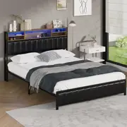 Oikiture Bed Frame Queen Size Beds Base with LED Storage Bedhead USB Charge
