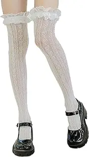 [changyexi] Lace Thigh High Stockings with Ruffle Trim, White, Over Knee Length sheer fishnet women fish net stockings, White, One Size