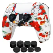 PS5 Controller Skin Grip Cover Silicone Gel Rubber w/ 8 Thumb Caps - Red Flower