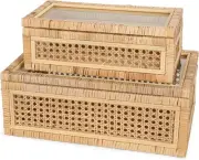 Handwoven Boho Rattan Display Boxes with Glass Lids - Set of 2 Rectangular...