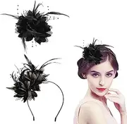 Feather Mesh Tea Party Headband Fascinator Hat Flower Black Fascinator Clips Hat Black Hat Women's Hair Accessories with Feather Mesh Fascinator Hat for Women Black for Party Church Wedding Cocktail,