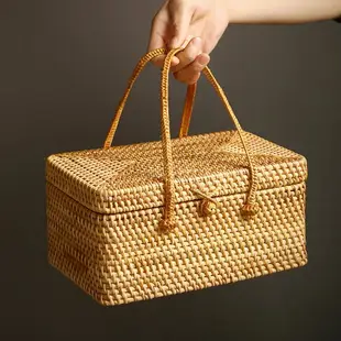 越南手工藤編手提箱創意家用茶具配件收納盒竹編手提包化妝品整理