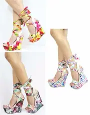 Bamboo Skyline Satin Floral Peep Toe Bloom Print Ankle Wrap Platform Wedge