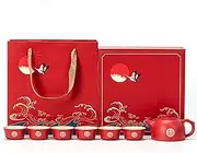 Chinese Kung Fu Tea Set Teapot Double Happiness Porcelain Red Wedding Tea Set Teapot, Chinese Traditional Wedding Decoration Supplies, Creative Ceramics Tea Service Set (Color : 1 pot 6 Cups)