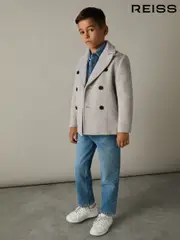 Reiss Soft Grey Melange Bergamo 3-9 yrs Wool-Blend Twill Double-Breasted Coat (E11065) | $195