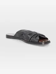 Black Leather Ruched Bow Slides