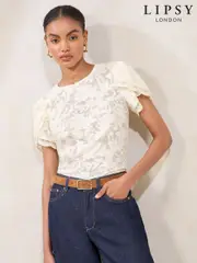 Lipsy Cream Printed Tulip Sleeve Detail T-Shirt (F06466) | $88
