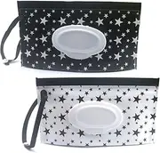 FKEYTO Baby Wipe Dispenser, Portable Refillable Wipe Holder, Reusable Travel Wet Wipe Pouch (Black & White Stars, 2 Count)