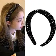 Wide Satin Padded Headband for Womens Hair Black French Vintage Polka Dot Headband Hair Hoop Soft Thick Puffy Headbands Hairband Non Slip Silk Padded Hairbands 50s Outfit Hair Accessories