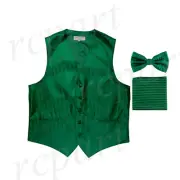 New Men's Formal Vest Tuxedo Waistcoat_bowtie & hankie set stripes emerald green