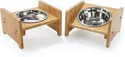 FOREYY Set of 2 Raised Pet Bowls for Cats and Small Dogs - Bamboo Tilted Single Elevated Dog Cat Food and Water Bowls Stand Feeder with 3 Stainless Steel Bowls and Anti Slip Feet for Comfort Feeding