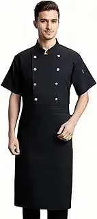 [Maizoon] Professional Double-Breasted Chef Uniform Set Short Sleeve Jacket with Large Brass Buttons & Matching Apron Breathable Unisex Kitchen Outfit for Men & Women