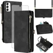 [Asuwish] Mobile Phone Case for Samsung Galaxy A14 4G/A 14 5G/M14 Case with Strap and Film Screen Protector RFID Card Slot Foldable Leather Flowers Wallet Stand 14A LTE Cases Protective Phone Case Black