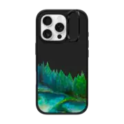 iPhone 16 Pro Impact Ring Stand Case MagSafe Compatible WOODLAND RETREAT 1, FOREST TREES TEAL BLUE GREEN NATURE MOUNTAINS PAINTING