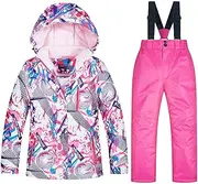 [Abcoll] Kids Boys/Girls 2-Pieces Ski Suit Snowboard Suit Skiing Outfit Waterproof Snowsuit Ski Jacket Hooded & Snow Bib Pants/Trousers, Cotton Fiber Lining (Color : T, Size : 6-7 Years)