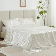 Love's cabin Full Size Satin Sheet Sets - 4 Piece Ivory Silky Sheet Set Full with Deep Pocket, Luxury Silk Feel Bed Sheets Full Bedding Set (1 Flat Sheet,1 Fitted Sheet,2 Pillow Cases)