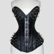 Black Leather Steampunk Corset – Sexy Spiked Bustier Top for Women, Silver Clasp