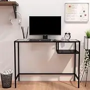 Computer Desk Black Glass with Industrial Steel Frame - Home Office, Gaming & Work, Adjustable Table Stand, 100 x 36 x 74 cm
