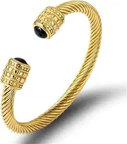 [BOSUGE] Charming Bracelet， Men Women Steel Gold Color Twisted Cable Cuff Bangle Bracelet with Black/White Resin Beads, Adjustable (Color : D) (Color : A)