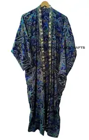 Women Rasgulla Silk Sleepwear Gown Vintage Blue Multi Beach Cover Kimono Robes