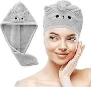 Microfiber Hair Towel Cat Print Cute, Hair Towels Wrap for Women Girls, Fast Dry Plopping Hair Turbans for Wet/Curly Hair, Hair Drying Towel Absorbent, Thick Hair Anti Frizz, Gray