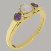 Solid 18k Yellow Gold Natural Opal & Amethyst Womens Trilogy Ring