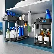 VERIFOST 2 Pack Under Sink Organizer, 2 Tier Under Sink Organizers and Storage for Kitchen Bathroom, Height Adjustable Cabinet Organizer with Two Slide-Out Drawers,Black