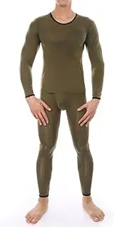 [Abigprofit] Men's Long Johns Thermal Underwear Sleepwear Silk Lounge Tight Translucent Long Sleeve Trousers Set Army Green XL