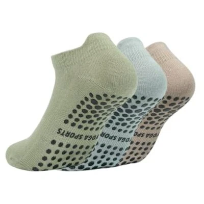 Women Yoga Socks Non Slip Ankle Grip Pilates 5-9 3 Pairs - Khaki/Blue/Green