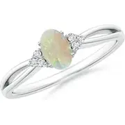Solitaire Oval Opal Split Shank Ring with Trio Diamonds
