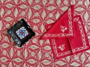 AGHABANI Embroidered TABLECLOTH Gold Silk on Red 156 x 78” Approx.