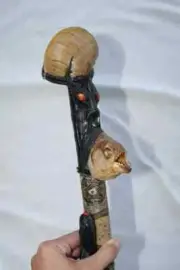 VINTAGE PIRANHA CANE SHELL SNAKESKIN HAIR ON COWHIDE VERTEBRAE WALKING STICK