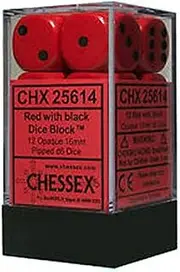 Chessex Opaque d6 Dice with Black Pips, Red, 16 mm (12 Piece)