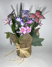 Springtime Floral w/Butterflies 12" H Tabletop Decor Wrapped w/Burlap & Raffia