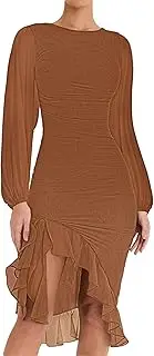 [Generic] Ladies Elegant Cocktail Dress Long Sleeve Frock Casual Perspective Dress
